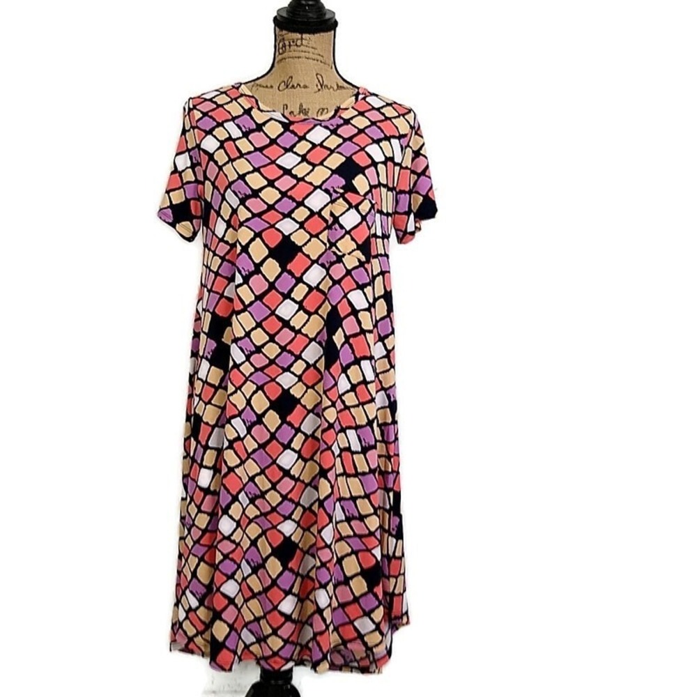 LuLaRoe Carly Dress Geometric Swing Pink Orange Black Midi Casual Artsy sz XS
